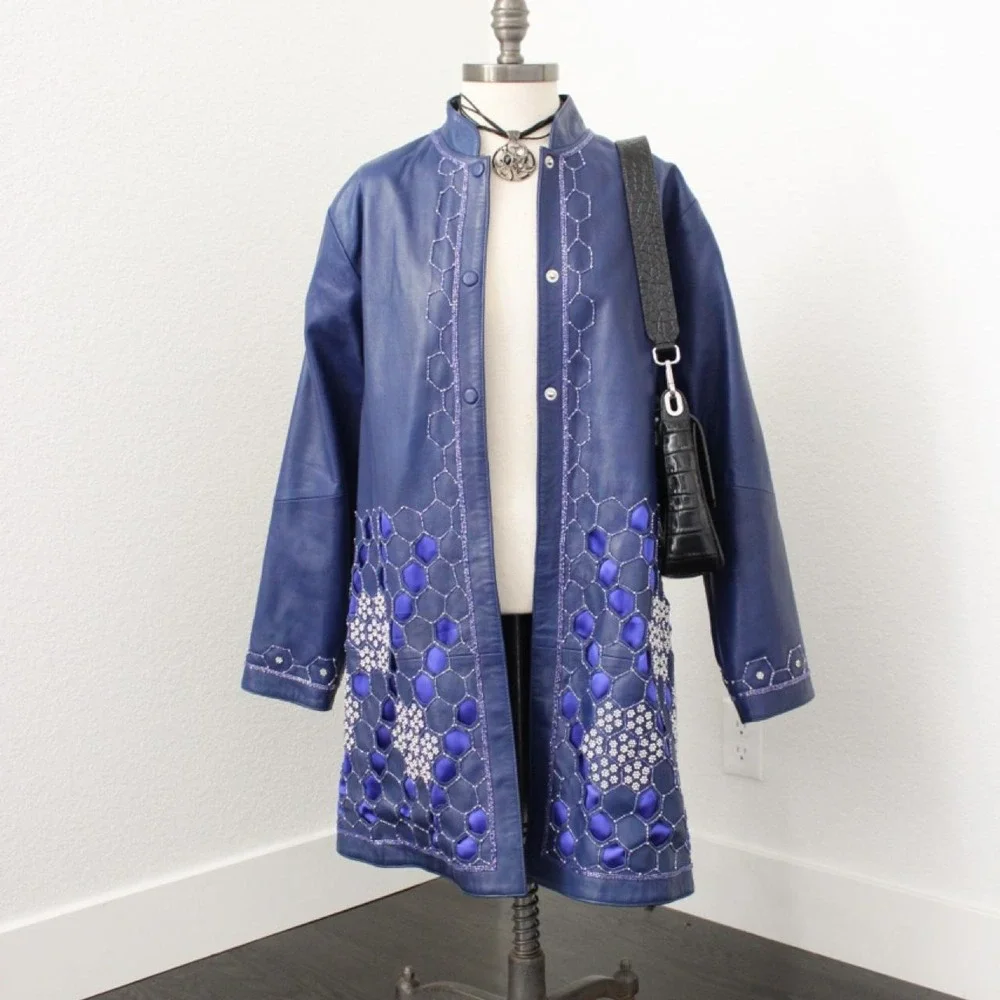 RARE vintage blue heavily beaded leather trench coat with matching leather skirt